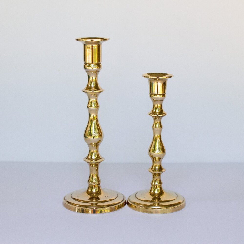 Brass Candlesticks, Pair of Asymmetrical Shiny Candleholders